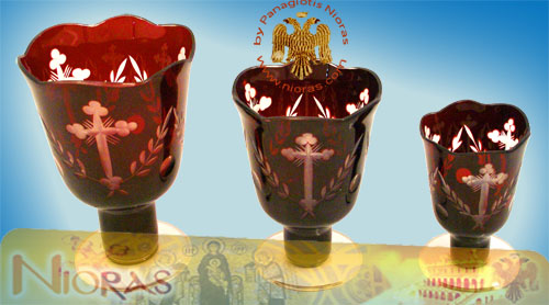 Romanian Orthodox Glass Votives Cups Hand Carved Crosses with Standing Base in Red Colour